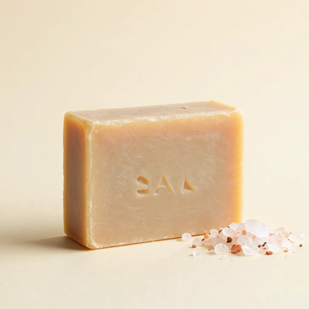 A sea salt castile soap bar on a light background