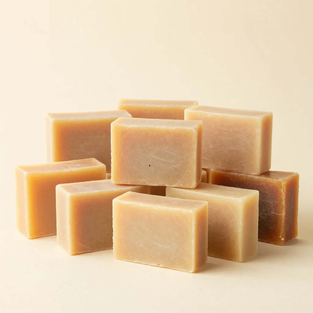 Ten castile soap bars together on a light background