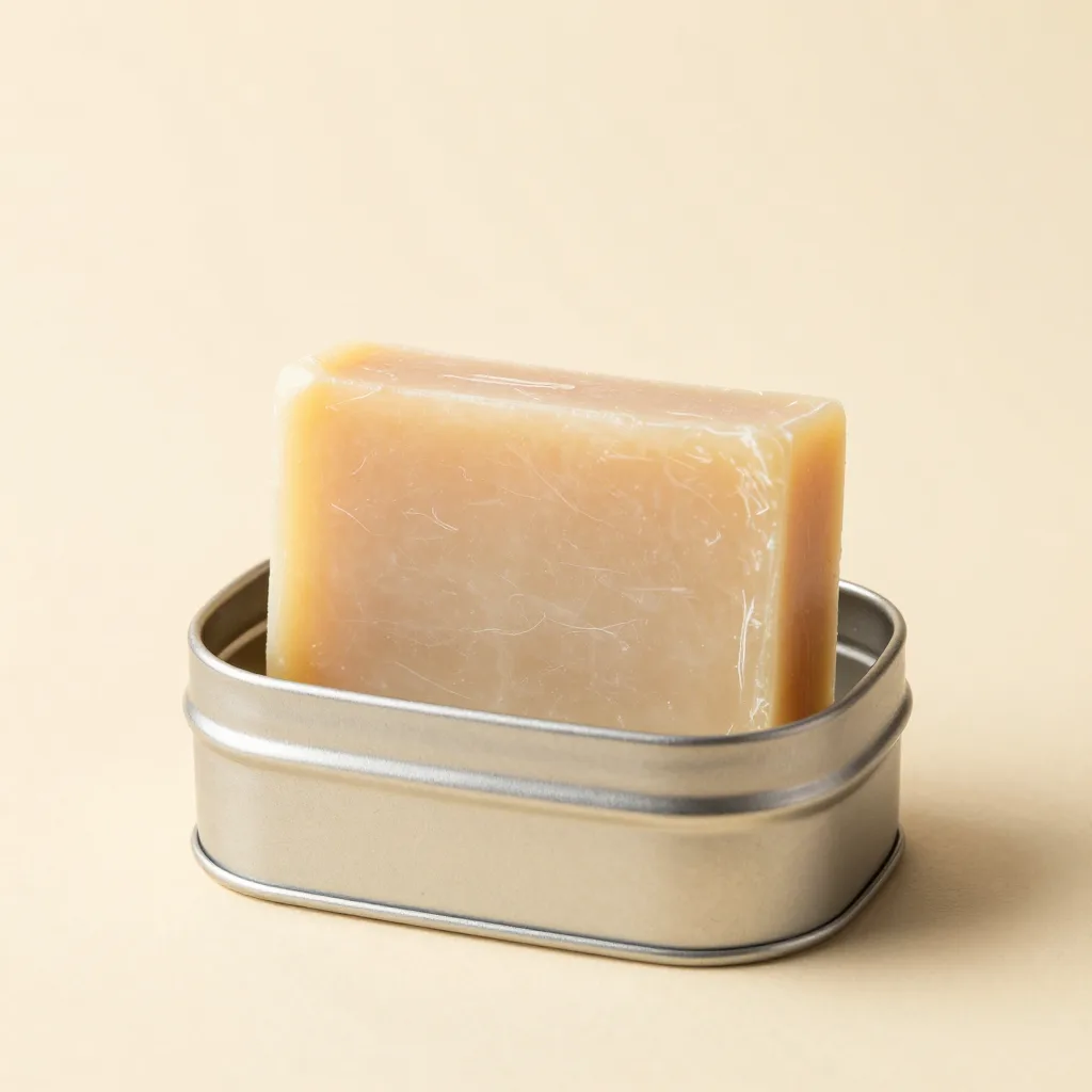 A travel castile soap bar in a tin on a light background