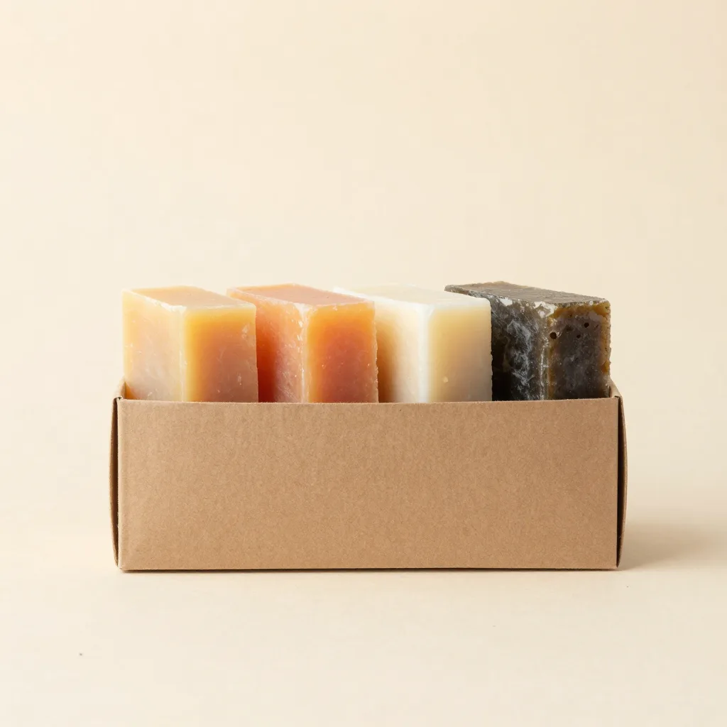 A sampler pack of four castile soap bars on a light background