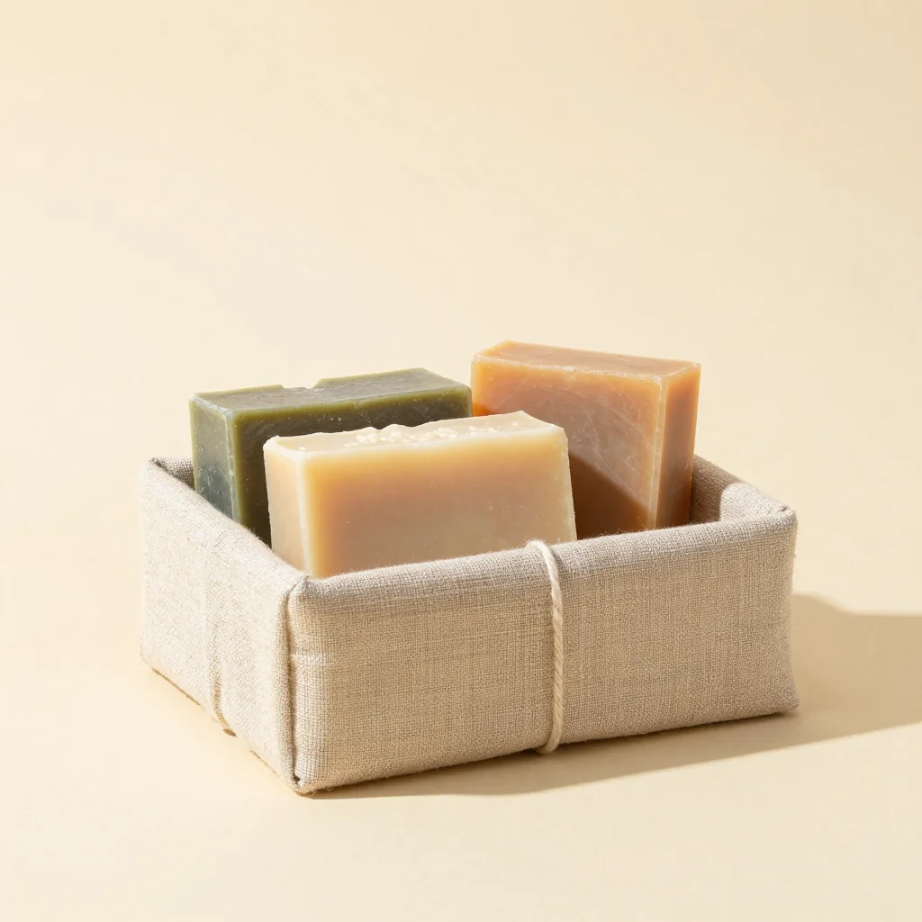 A Crete gift set of castile soap bars in a linen wrap on a light background